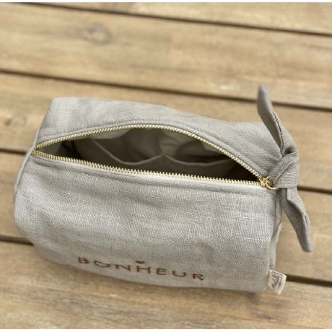 Trousse lin brodée LOVE - Sable