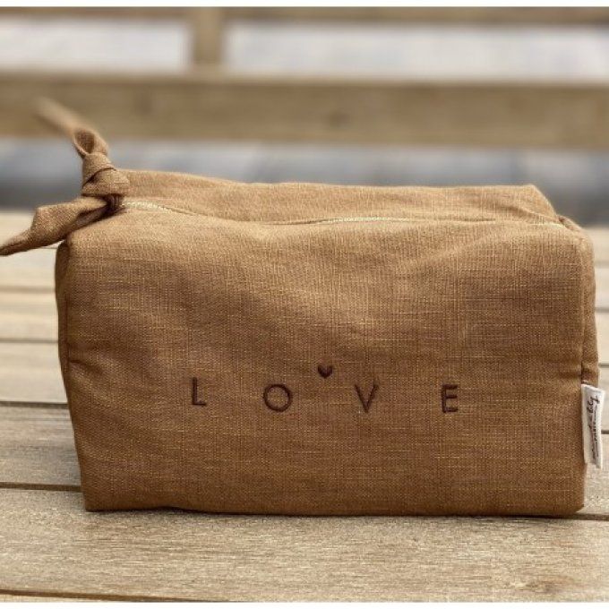 Trousse lin brodée LOVE - Ocre