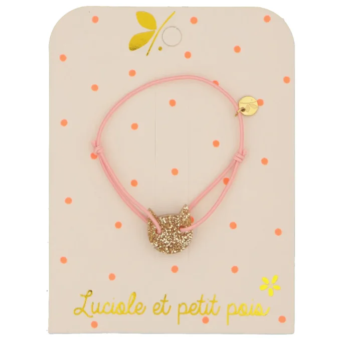 Bracelet cordon élastique rose, chat or