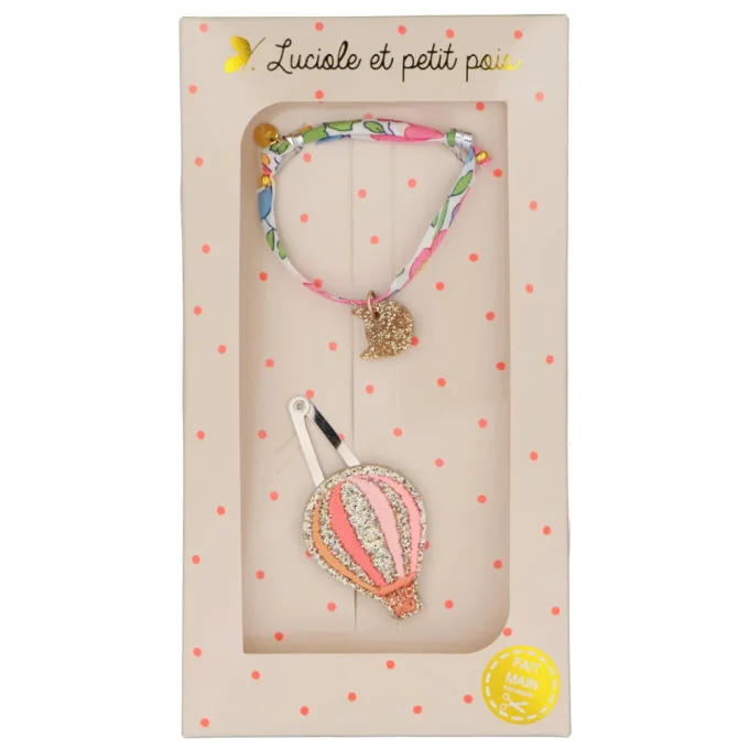 Coffret cadeau - Barrette Montgolfière et bracelet rose