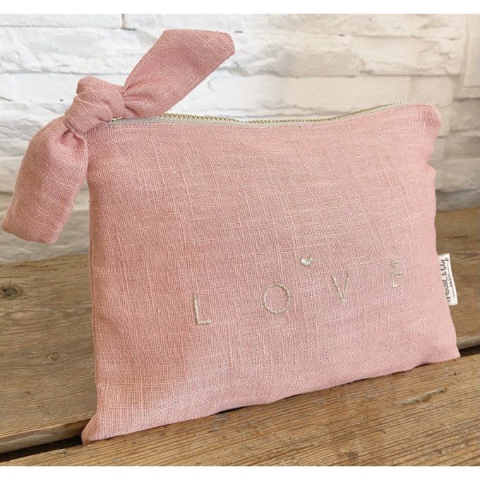 Pochette En Lin - Vieux Rose "Love"