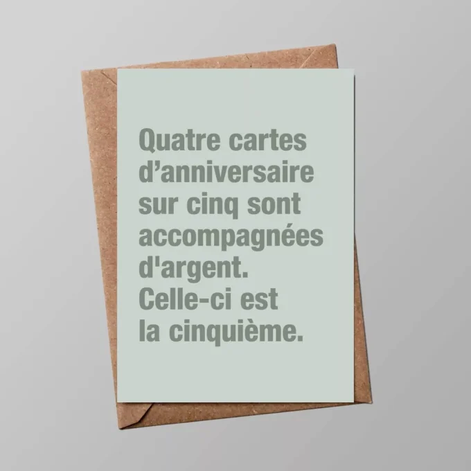 Carte "Anniversaire" :Quatre cartes sur cinq sont accompagnées d 'argent (avec enveloppe)