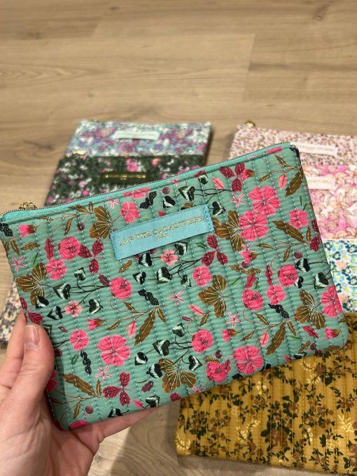 Pochette A5 coton matelassé Vert/Rose