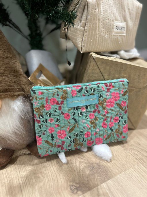 Pochette A5 coton matelassé Vert/Rose