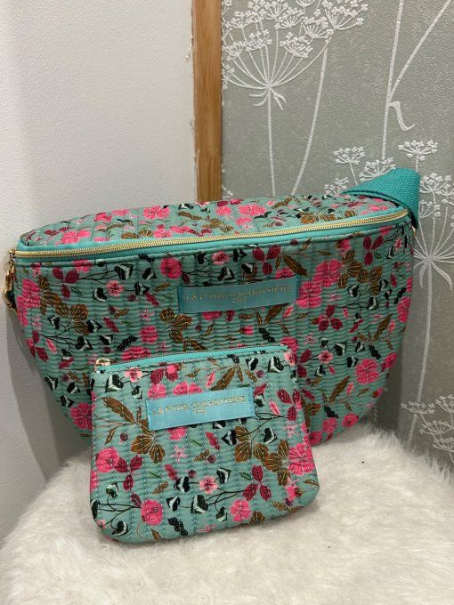 Sac banane coton matelassé Turquoise/Rose