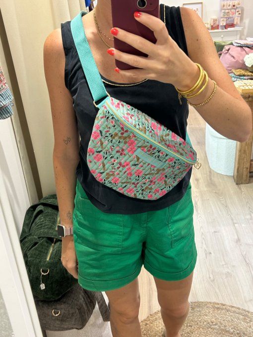 Sac banane coton matelassé Turquoise/Rose